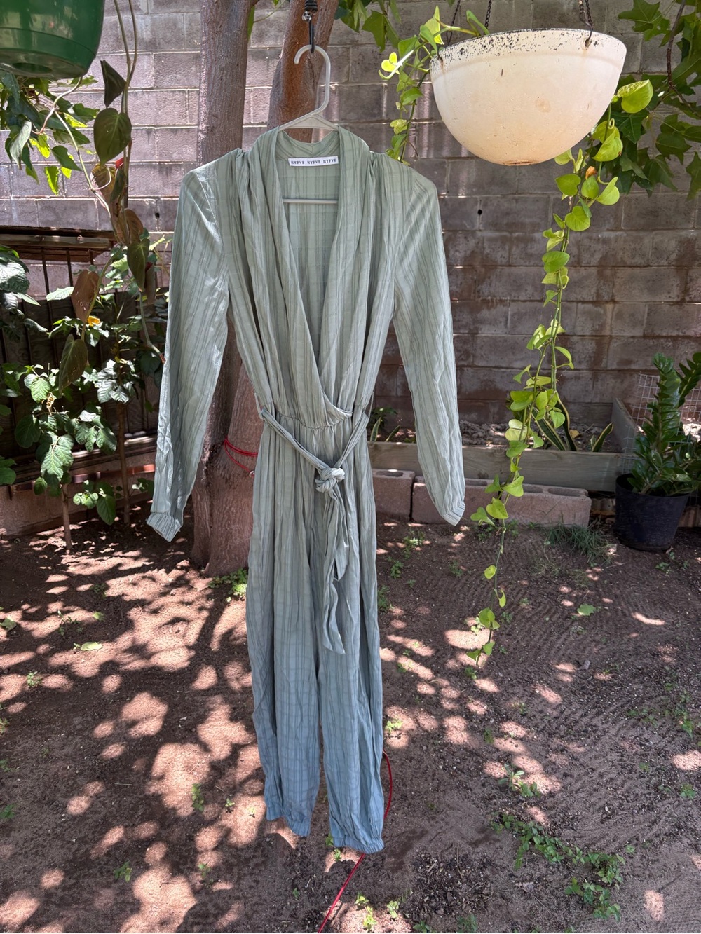 HYFVE Sage Green Striped Jumpsuit Romper with Waist Tie